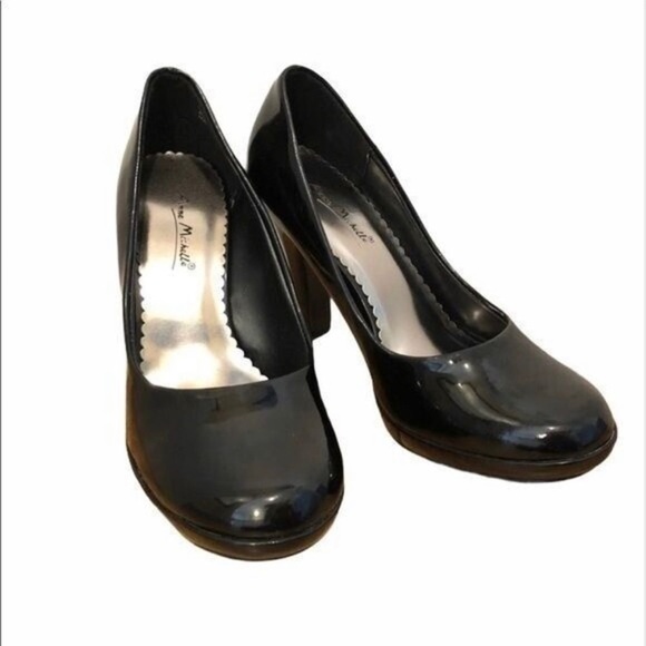 Black vegan patent leather platform heels shoes size 8 NIB retro round toe pump - Picture 2 of 9